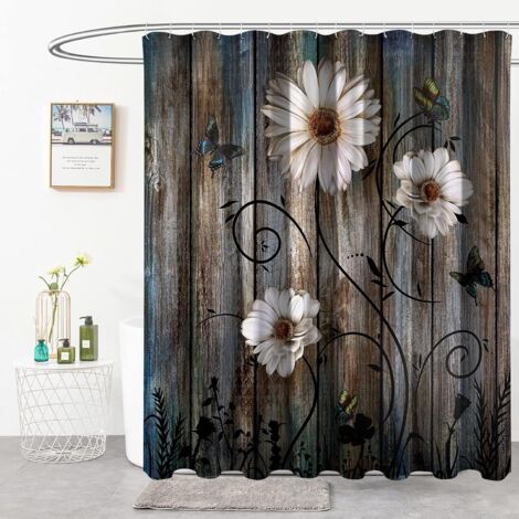 Rideaux de douche floraux avec crochets en plastique, rideaux de douche rustiques lavables 180 × 180 cm pour salle d'eau baignoire salle de bain
