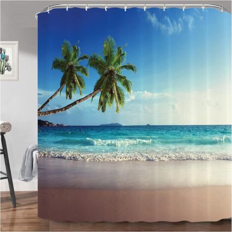 Rideaux de douche imperméables, rideau de douche de plage 3D avec 12 crochets, rideau de bain pour baignoire et cabine de douche (180 x 200 cm)