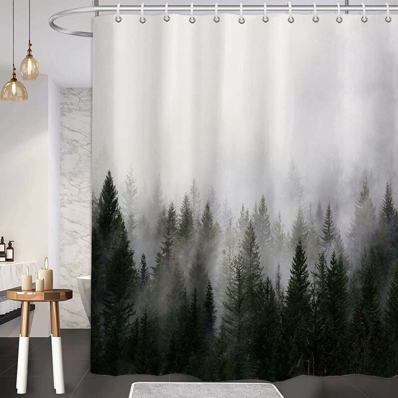 Rideaux de douche Misty Forest, rideau de douche nature et forêt, rideau de bain fantaisie brouillard magique arbre d'hiver pour salle de bain, tissu