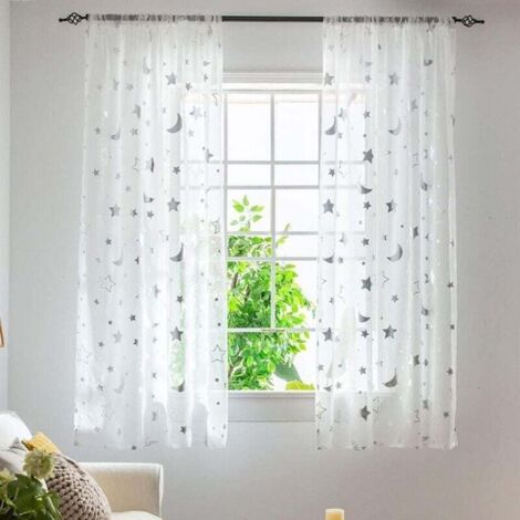 Rideaux de fenêtre semi-transparents de 1 m de long pour chambre de fille, chambre à coucher, joli motif lune et étoiles, rideaux transparents en tulle, 2 panneau, 1 m x 1,3 m