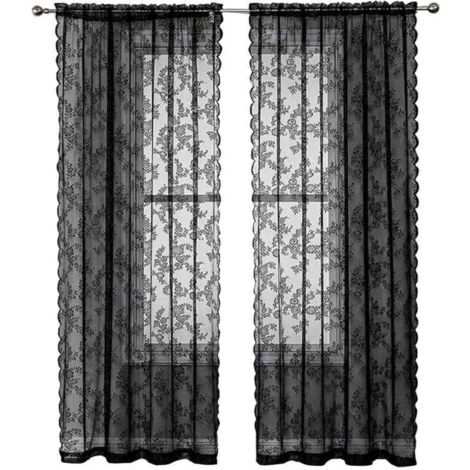 Rideaux en Dentelle Noire 84 Pouces (213cm) Longs - Motif Floral Rustique Vintage - Voile Noir pour Salon - Intimité Style Goth - 2 Panneaux 40x56 Pouces
