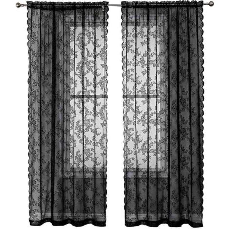 Rideaux en Dentelle Noire 84 Pouces (213cm) Longs - Motif Floral Rustique Vintage - Voile Noir pour Salon - Intimité Style Goth - 2 Panneaux 40x56 Pouces
