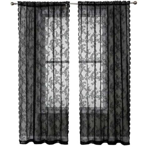 Rideaux en Dentelle Noire 84 Pouces (213cm) - Motif Floral Rustique Vintage - Voile Noir pour Salon - Intimité Style Goth - 2 Panneaux 40x80 Pouces