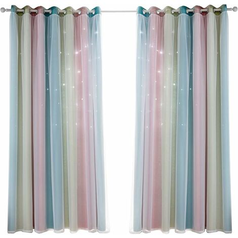 Rideaux étoiles doubles creux Rideaux étoiles double couche pour enfants filles chambre chambre d'enfant colorée avec voile rideaux pour enfants rideaux bleus 53 "B x 63" H (134x160cm) arc-en-ciel