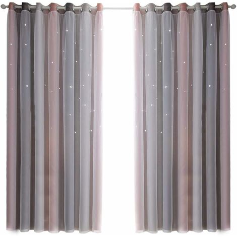 Rideaux étoiles doubles creux Rideaux étoiles double couche pour enfants filles chambre chambre d'enfant colorée avec voile rideaux pour enfants rideaux bleus 53 "B x 83" H (134x210cm) rose