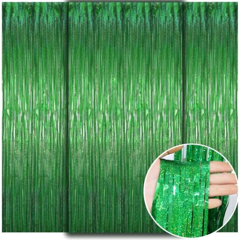 Rideaux Métallique de Frange Vert 3 Pièces, Rideaux à Franges en Aluminium, Brillant Rideau à Franges Aluminium Shimmer Porte Fenêtre pour Décoration Fête Mariage d'anniversaire(1m2m)