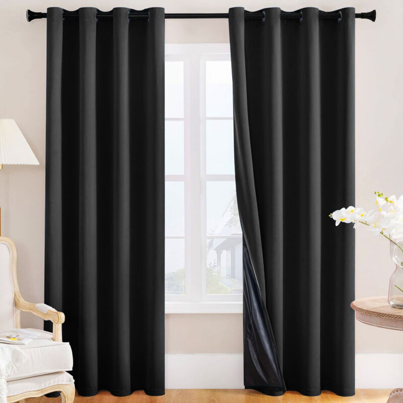 Rideaux occultants 2 pièces, en tissu laminé à ressort,insonorisants, rideaux isolants thermiques d'hiver, imperméables(noir,132x213cm)