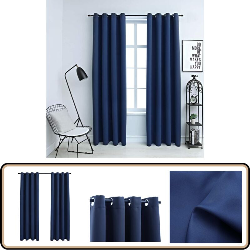 Rideaux occultants avec anneaux en métal 2 pcs Bleu 140x175 cm - Rideaux Bleus - Rideaux Occultants - Rideaux Pour Salon - Rideaux Pour Chambre