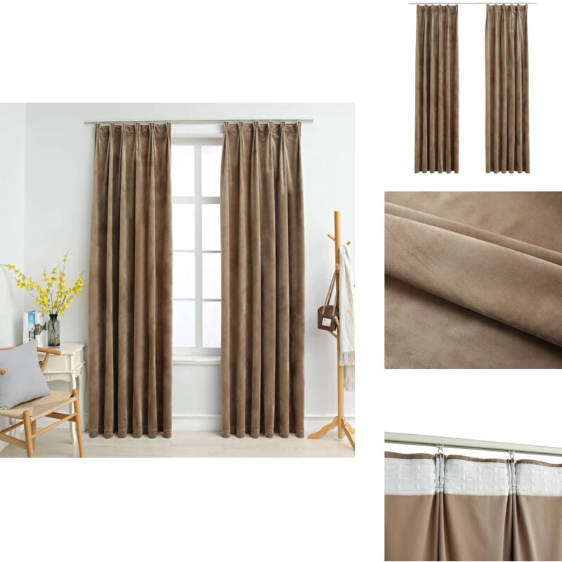 Rideaux occultants avec crochets 2 pcs Velours Beige 140x225 cm - Rideaux Velours - Rideaux Occultants - Rideaux Beige - Décoration Intérieure - Salon