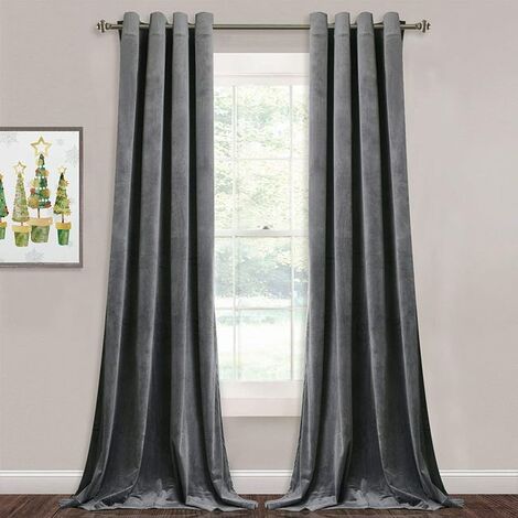 Rideaux occultants en velours 100%, isolation thermique, absorbant le bruit, pour fenêtres, pour toutes les tailles,Gris foncé,W252 x L274cm 1PC,Rod Pocket