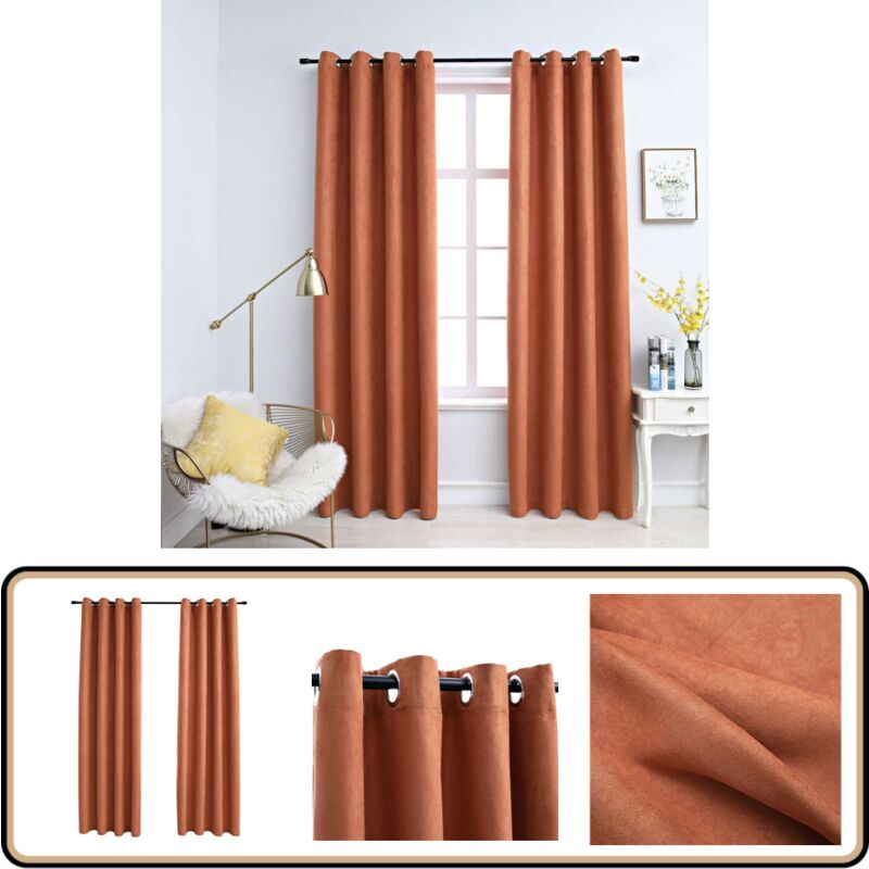Rideaux occultants et anneaux en métal 2 pcs Rouille 140x225 cm - Rideaux Occultants - Rideaux Décoratifs - Rideaux Taupe - Rideaux Pour Salon