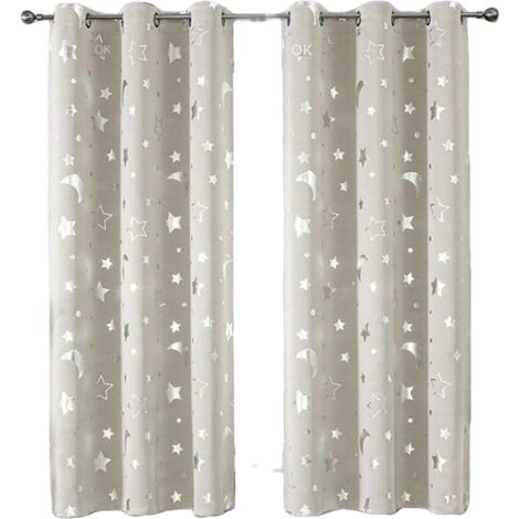Rideaux occultants pour enfants avec lune et étoile pour chambre à coucher - Rideaux de fenêtre découpés avec œillets pour chambre d'enfant -