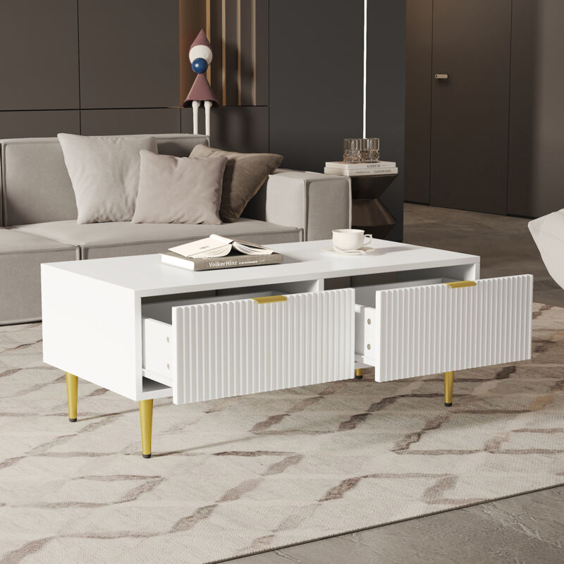 Table basse moderne blanche avec accents dorés, 2 tiroirs, design rayures verticales, 100x50x40cm, table basse de salon, meuble bas de canapé L&H