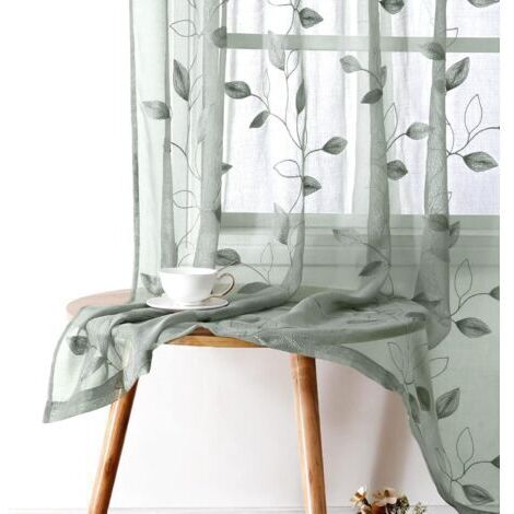 Rideaux, verts, 132 x 213 cm, 2 pièces, motif feuilles brodé, floral, rideaux voile semi-transparents