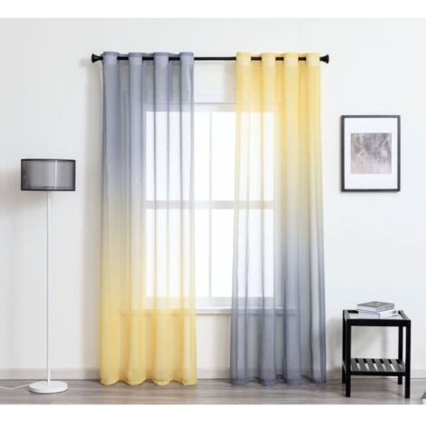 Rideaux Voilage - Haute Ombrage - Dégradé Bicolore - Jaune et Gris - 100x200 cm