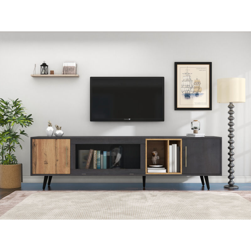 Légant meuble tv, 200x40x55,5 cm, bois foncé, gris et veines du bois, convient pour un téléviseur 90 pouces l&h