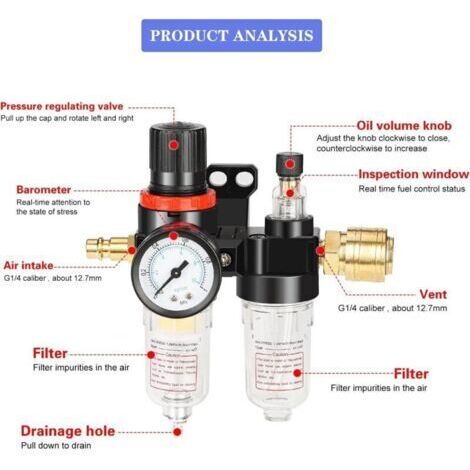 Riduttore di pressione per compressore d'aria da 1/4", riduttore di pressione da 1/4" con manometro, filtro regolatore per compressore