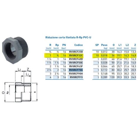 Riduzione corta filettata R-Rp PVC-U MF 1" x 3/4 RV0RCF32C - -  GEORGE FISCHER - -