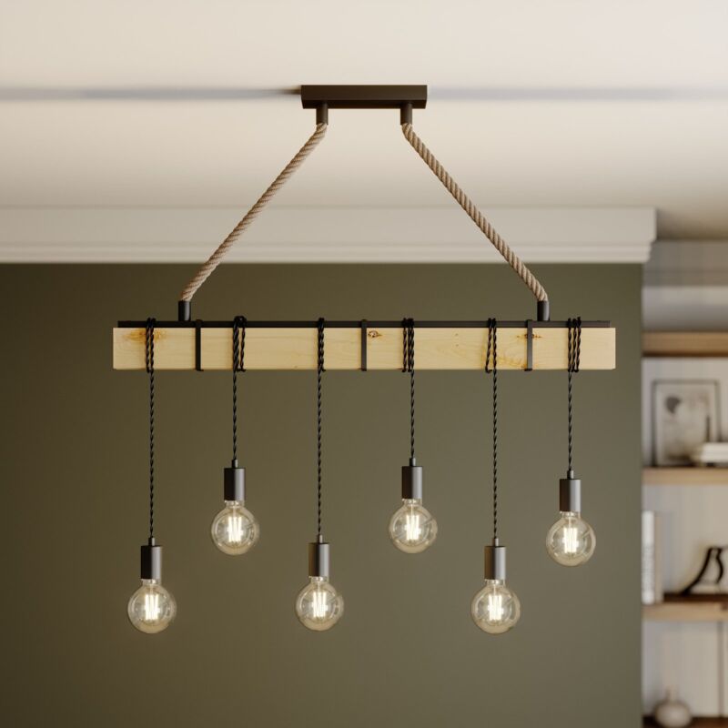 

Lindby - Riel de iluminación colgante Cintia madera 6 focos