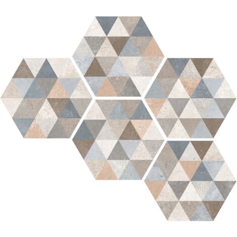 RIFT FINGAL - Carrelage patchwork hexagonal à motifs triangles -  23 x 26,6 cm - Blanc, Gris, Beige, Gris Perle, Marron, Bleu, bleu claire