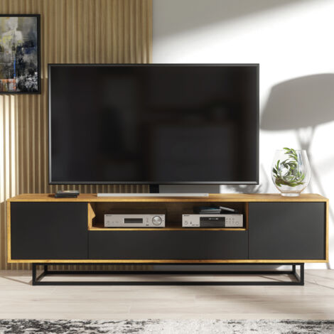 Rift TV Unit 200cm - Dark Oak with Black Matt Doors