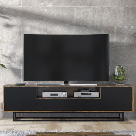 Rift TV Unit - Rustic with Black Matt Doors - 200cm