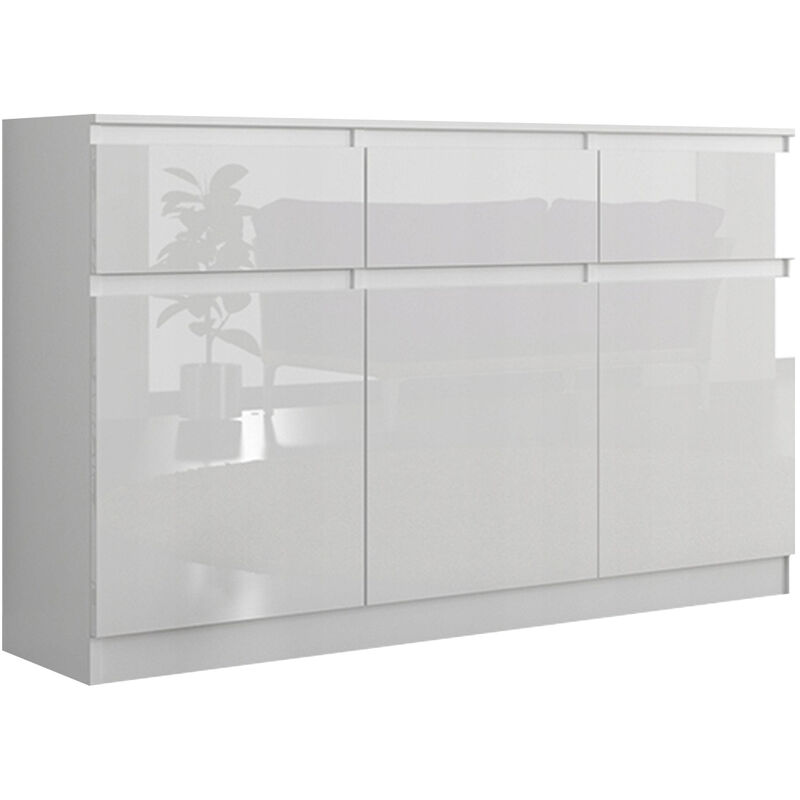 Hucoco - RIGA 2 - Commode contemporaine chambre/salon/bureau 40x120x98 cm - 3 tiroirs/3 portes - Meuble de rangement tendance - Buffet - Blanc