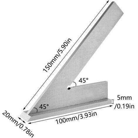 Righello angolare a 45 gradi, in acciaio al carbonio di alta precisione, con sedile, strumento di misurazione manuale per carpentieri e ingegneri (150 x 100 mm)