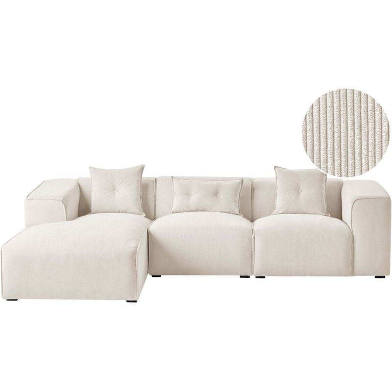 Beliani - Right Hand Corner Sofa Corduroy Upholstery Extra Scatter Cushions Off-white Dolva