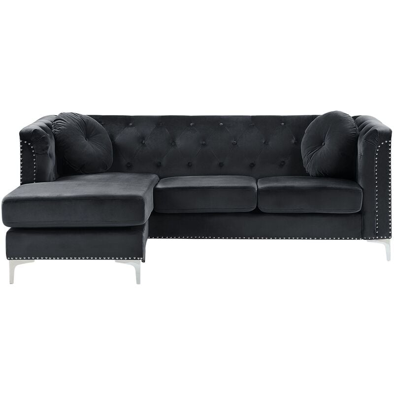 Right Hand Velvet Corner Sofa Black Additional Pillows Tufted Nailhead Trims Flen