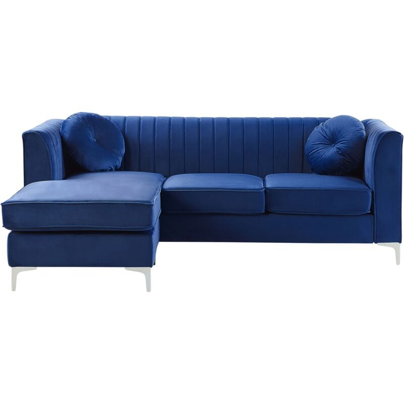 Right Hand Velvet Corner Sofa Blue Additional Pillows Glamour Timra