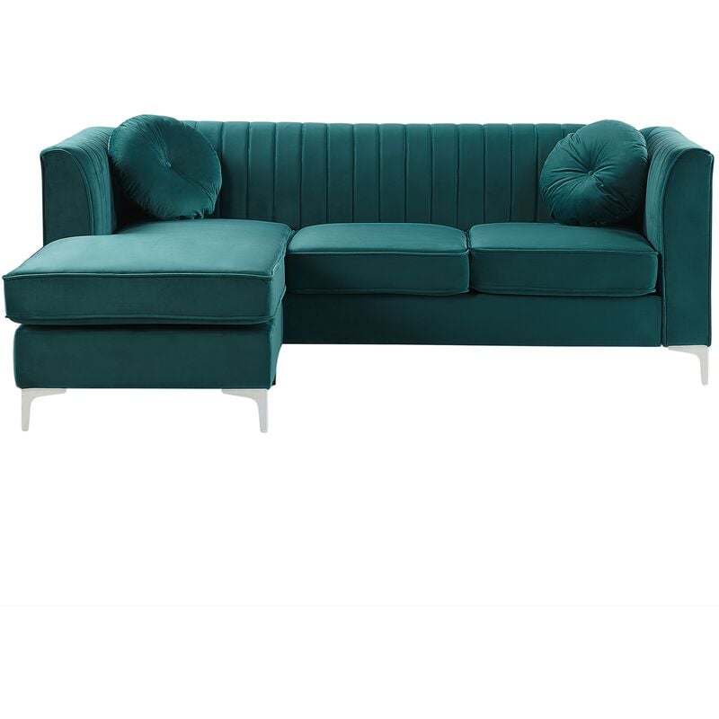 Right Hand Velvet Corner Sofa Green Additional Pillows Glamour Timra