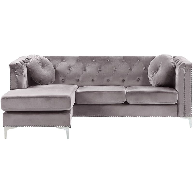 Right Hand Velvet Corner Sofa Grey Additional Pillows Tufted Nailhead Trims Flen