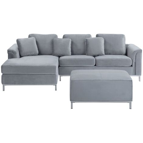 Right Hand Velvet Corner Sofa with Ottoman Light Grey OSLO