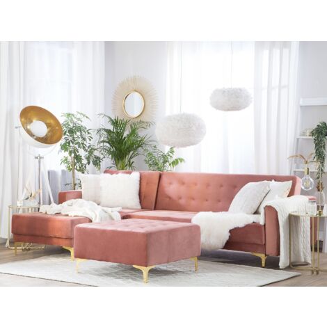 Right Hand Velvet Corner Sofa with Ottoman Pink ABERDEEN