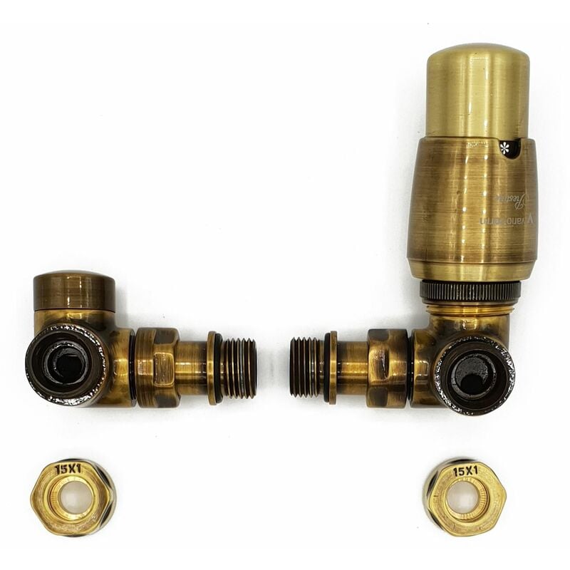 Varioterm - Right Version with Copper (Cu) Connectors Antique Brass Thermostatic + Lockshield Angled Valve Set Double-Pipe Radiator