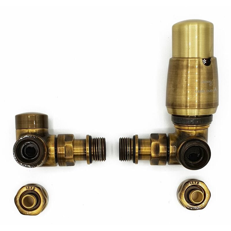 Varioterm - Right Version with PEX Connectors Antique Brass Thermostatic + Lockshield Angled Valve Set Double-Pipe Radiator