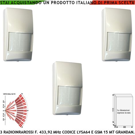 Rileva Movimento Intrusi Tre Pezzi Doppio Sensore Infrarosso Via Radio 433,92 MHzAnti-jamming Allarme Portata 15 Metri Grand. Walk test Pir 40VR Codice Secur-Sydra GSM da Interno 17 Fasci su 3 Livelli