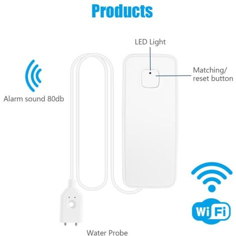 Rilevatore di acqua intelligente WiFi da 4 pezzi, rilevatore di perdite d'acqua intelligente con batteria AAA da 80 dB con cavo di rilevamento da 1 m, monitoraggio remoto e notifiche tramite app, per 