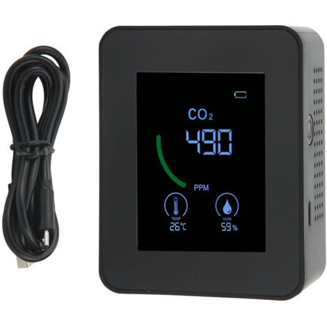 Rilevatore di anidride carbonica, ricarica USB, sensore TVOC, monitor della qualità dell'aria a stato solido con misurazione della temperatura e dell'umidità, nero
