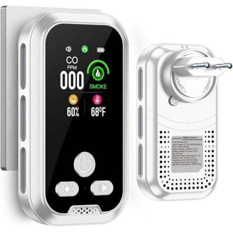 Rilevatore di fumo 4 in 1, rilevatore di monossido di carbonio combinato, con batteria da 2000 mAh e schermo HD da 2,1 pollici [monitoraggio di temperatura e umidità CO] Plug & Play per casa e hotel, 