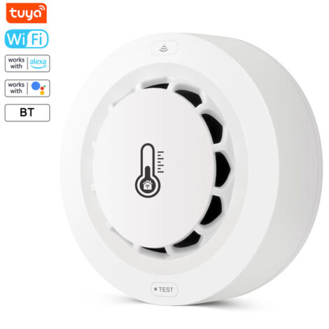 Rilevatore di fumo Tuya Wifi BT a doppia connessione, dispositivo di misurazione di temperatura e umidità, allarme acustico da 80 dB, rilevatore di fumo