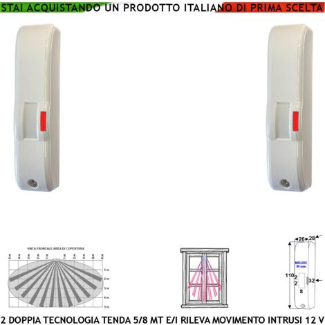 Rilevatore di Movimento Doppia Tecnologia Tenda 2 Pezzi Infrarosso e Microonda Portata 5 MT Vano Finestra Interno Balcone Rileva Intrusi Invia Allarme Aliment. 12 V Assorb. 10 mA Cover Bianca ABS IP44