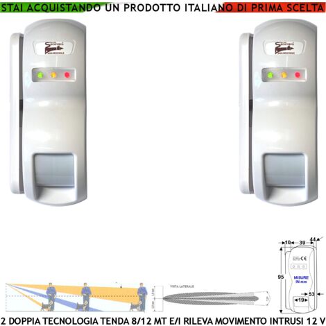 Rilevatore di Movimento Doppia Tecnologia Tenda Dual Pir e Micronda 2 Pezzi Portata 8/12 MT Esterno Interno Rileva Intrusi e Invia Allarme Alimen. 12 V Assorb. 10 mA Cover Staffa ABS Bianca IP31