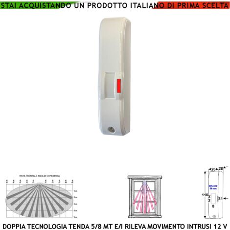 Rilevatore di Movimento Doppia Tecnologia Tenda Infrarosso e Microonda Portata 5 MT Esterno Vano Finestra Interno Balcone Rileva Intrusi Invia Allarme Aliment. 12 V Assorb. 10 mA Cover Bianca ABS IP44