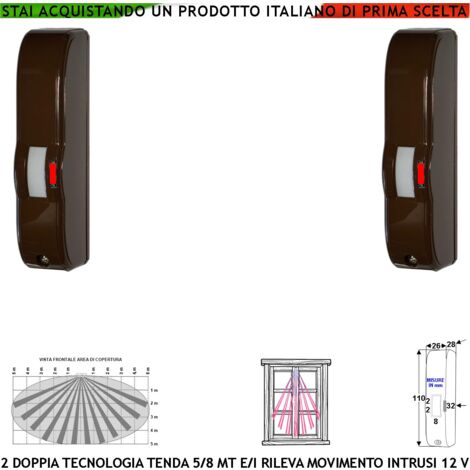 Rilevatore di Movimento Doppia Tecnologia Tenda Marrone 2 Pezzi Infrarosso e Microonda Portata 5 MT Vano Finestra Interno Balcone Rileva Intrusi Invia Allarme Aliment. 12 V Assor. 10 mA Cover ABS IP44