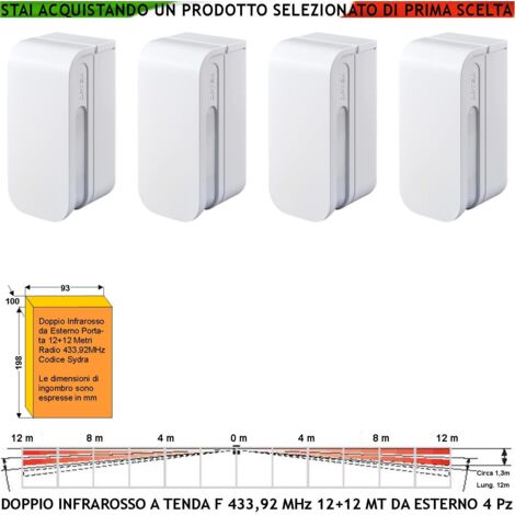 Rilevatore di Movimento Doppia Tenda Infrarosso Antifurto da Esterno 4 Pezzi Copertura 12+12 Metri Lineari Wireless Fr 433,92 MHz Anti Jamming Codice Lysa GSM Protezione Bidirezionale Impalcature IP55