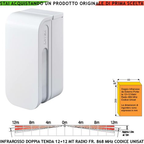 Rilevatore di Movimento Infrarosso Doppia Tenda da Esterno Copertura 12+12 Metri Lineari IP55 Ricetrasmissione Frequenza 868 MHz Bidirezionale Codice UNISAT2 Protezione Impalcature Pareti Anti Jamming