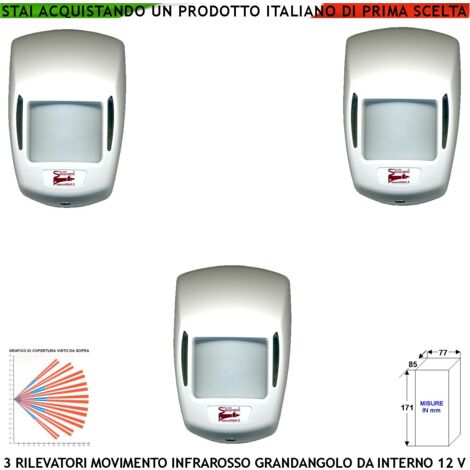 Rilevatore di Movimento Infrarosso Passivo Grandangolo Portata 15 MT 3 Pezzi da Interno Entro 90 Gradi Rileva Intruso da Allarme Alim. 12 V Assorb. 10 mA Lente 18 Fasci Infrarossi ABS Bianco con Snodo