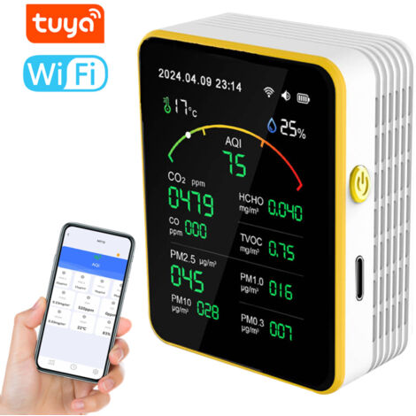 Rilevatore di qualità dell'aria Tuya WiFi 15 in 1, portatile e per uso domestico: misura l'indice di qualità dell'aria (PM0.3, PM1.0, PM2.5, PM10, CO, CO2, TVOC, HCHO)